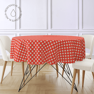 Gingham Scarlet Linen Mantel Redondo Semi Impermeable